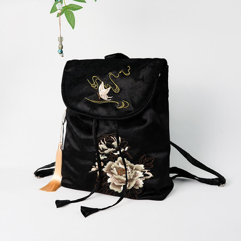 Buddha Stones Handmade Black Peony Embroidered Large Capacity Polyester Cotton Backpack - image 2