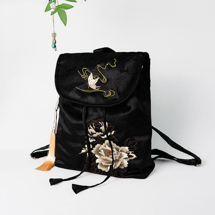 Buddha Stones Handmade Black Peony Embroidered Large Capacity Polyester Cotton Backpack - image 2
