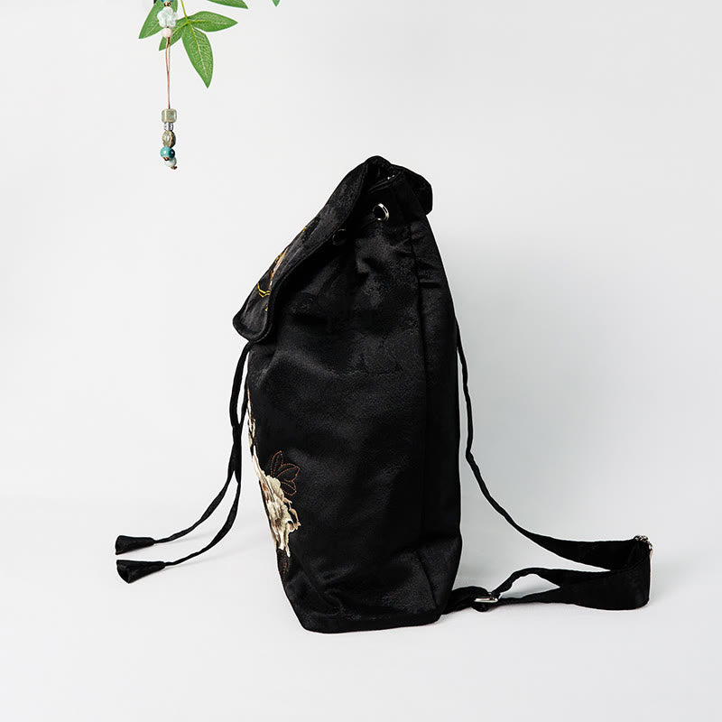 Buddha Stones Handmade Black Peony Embroidered Large Capacity Polyester Cotton Backpack - image 3
