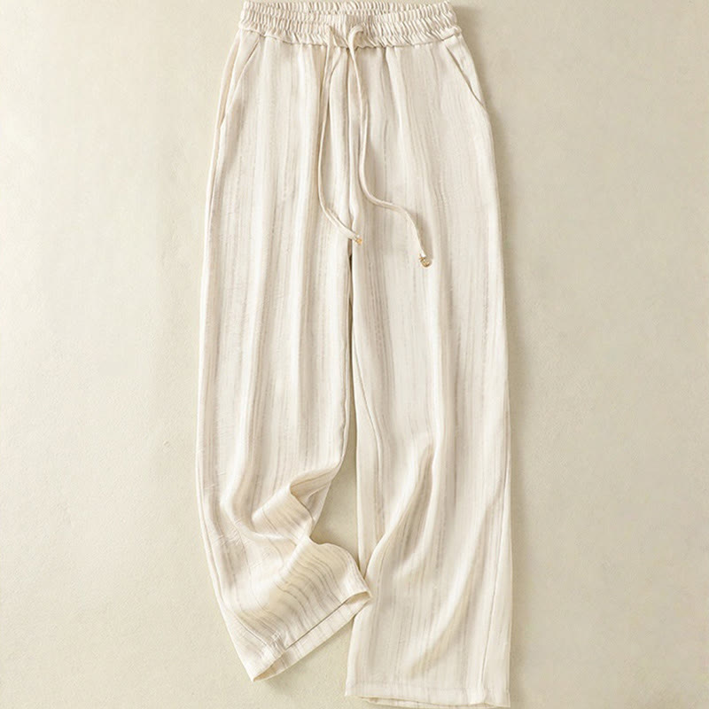 Buddha Stones Artistic Casual Vertical Lines Pattern Drawstring Ankle-length Women's Pants With Pockets - Beige - US8-10,UK/AU12-14,EU40-42 (2XL) - image 0