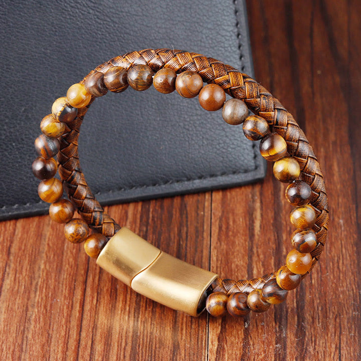 Buddha Stones Multi-layer Woven Tiger Eye Stone Beads Leather Titanium Steel Strength Buckle Bracelet - image 3