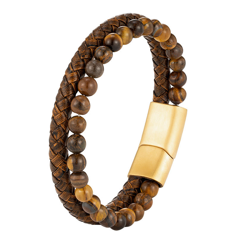 Buddha Stones Multi-layer Woven Tiger Eye Stone Beads Leather Titanium Steel Strength Buckle Bracelet - image 4