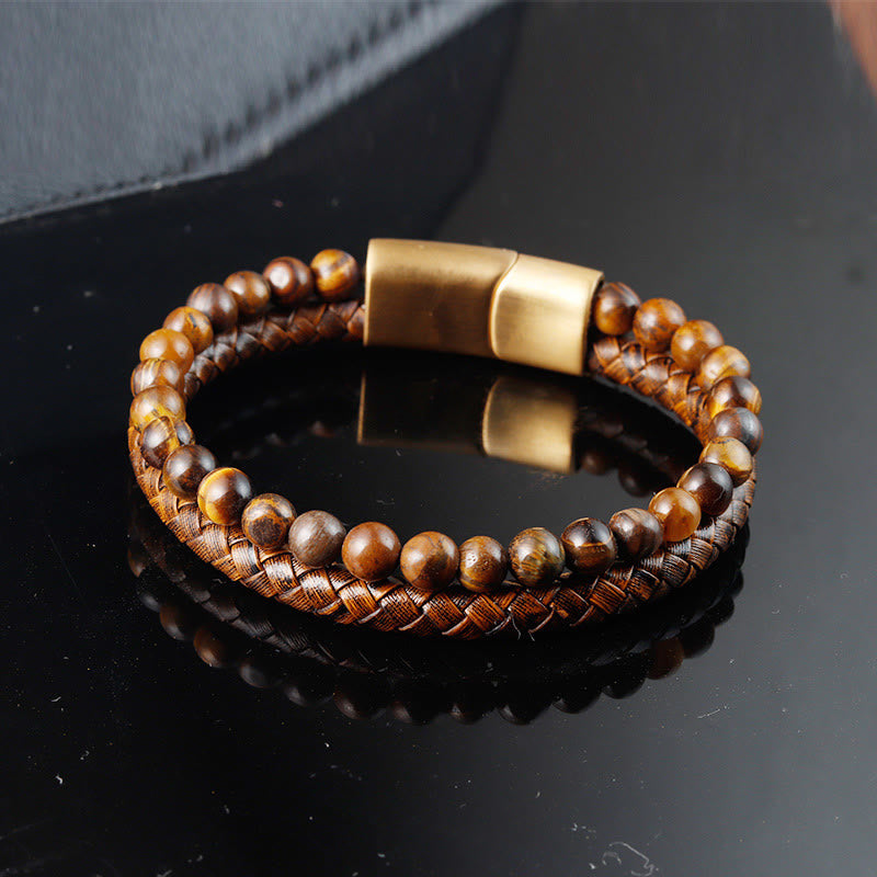 Buddha Stones Multi-layer Woven Tiger Eye Stone Beads Leather Titanium Steel Strength Buckle Bracelet - Tiger Eye(Wrist Circumference: 17-19cm) - image 0