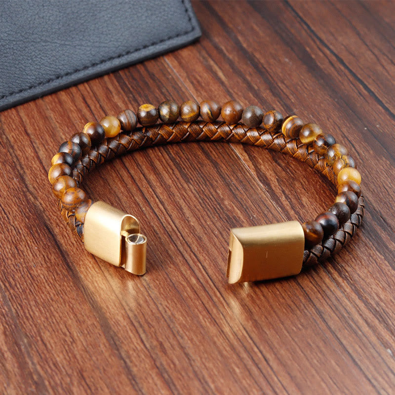 Buddha Stones Multi-layer Woven Tiger Eye Stone Beads Leather Titanium Steel Strength Buckle Bracelet - image 5