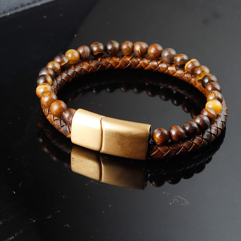Buddha Stones Multi-layer Woven Tiger Eye Stone Beads Leather Titanium Steel Strength Buckle Bracelet - image 1