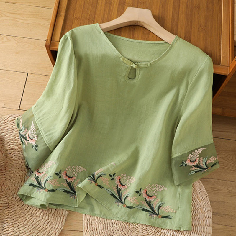 Buddha Stones Casual Floral Embroidery Crew Neck Women's Frog-Button Polyester Half Sleeve Shirt - YellowGreen - US8-10,UK/AU12-14,EU40-42 (2XL) - image 0