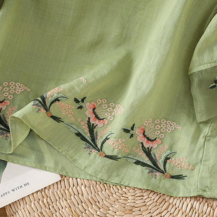 Buddha Stones Casual Floral Embroidery Crew Neck Women's Frog-Button Polyester Half Sleeve Shirt - image 5