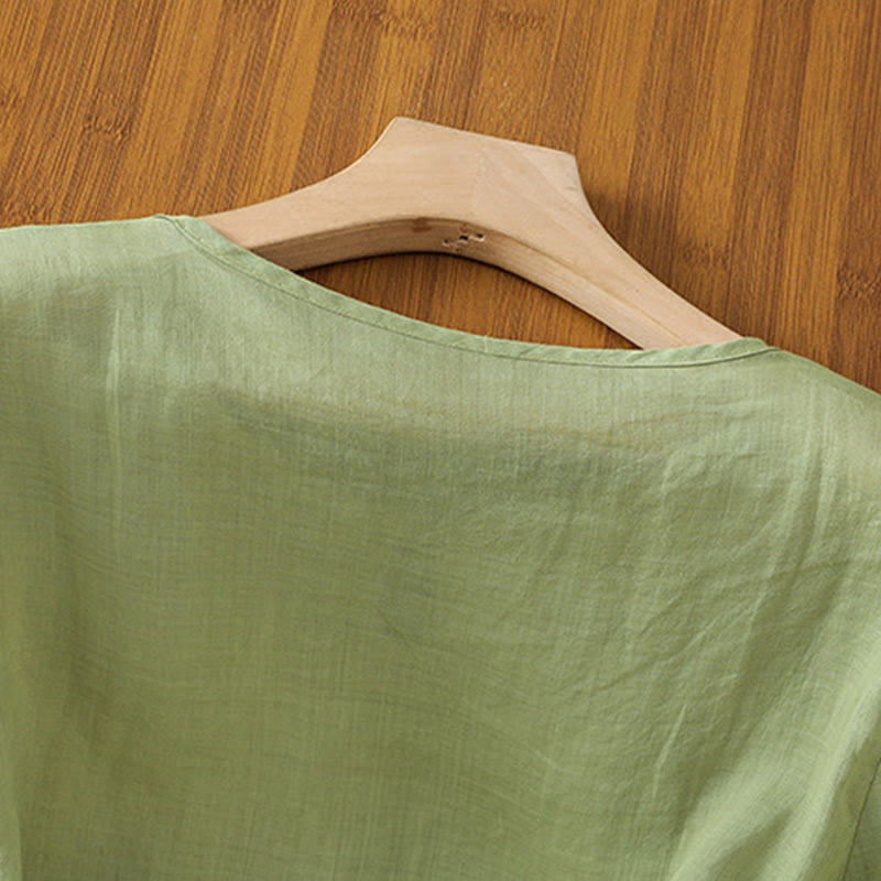 Buddha Stones Casual Floral Embroidery Crew Neck Women's Frog-Button Polyester Half Sleeve Shirt - image 4