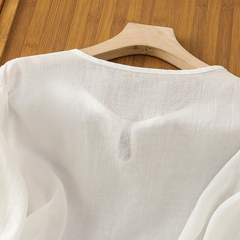 Buddha Stones Casual Floral Embroidery Crew Neck Women's Frog-Button Polyester Half Sleeve Shirt - image 9