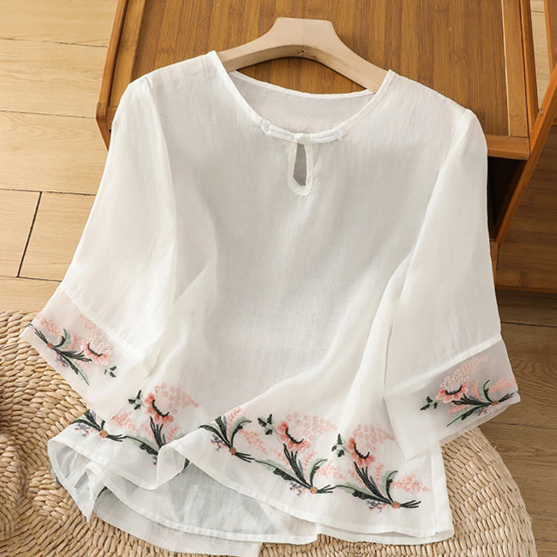 Buddha Stones Casual Floral Embroidery Crew Neck Women's Frog-Button Polyester Half Sleeve Shirt - White - US8-10,UK/AU12-14,EU40-42 (2XL) - image 6