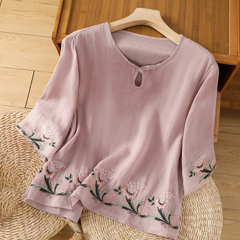 Buddha Stones Casual Floral Embroidery Crew Neck Women's Frog-Button Polyester Half Sleeve Shirt - Plum - US8-10,UK/AU12-14,EU40-42 (2XL) - image 15