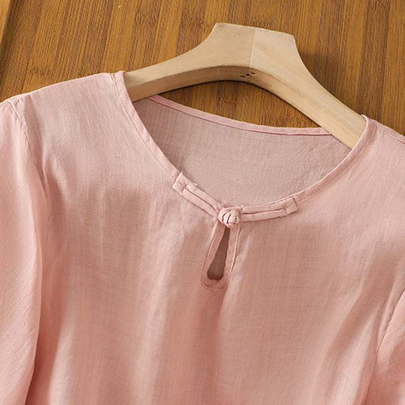 Buddha Stones Casual Floral Embroidery Crew Neck Women's Frog-Button Polyester Half Sleeve Shirt - image 24