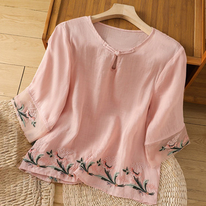 Buddha Stones Casual Floral Embroidery Crew Neck Women's Frog-Button Polyester Half Sleeve Shirt - Pink - US8-10,UK/AU12-14,EU40-42 (2XL) - image 21