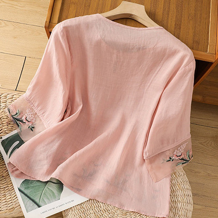 Buddha Stones Casual Floral Embroidery Crew Neck Women's Frog-Button Polyester Half Sleeve Shirt - image 22