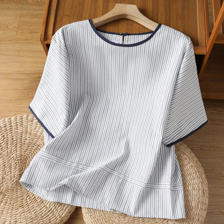 Buddha Stones Pullover Stripes Crew Neck Design Women's Cotton Short Sleeves Shirt - LightBlue - US8-10,UK/AU12-14,EU40-42 (2XL) - image 0