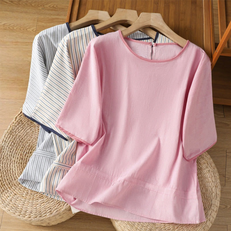 Buddha Stones Pullover Stripes Crew Neck Design Women's Cotton Short Sleeves Shirt - image 20