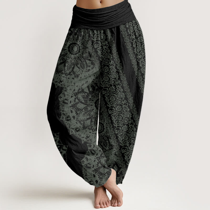Buddha Stones Pure Cotton Mandala Pattern Parallel Flowers Women's Elastic Waist Harem Pants - Black - US22,UK/AU26,EU54 (6XL) - image 9