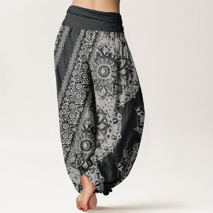 Buddha Stones Pure Cotton Mandala Pattern Parallel Flowers Women's Elastic Waist Harem Pants - image 1