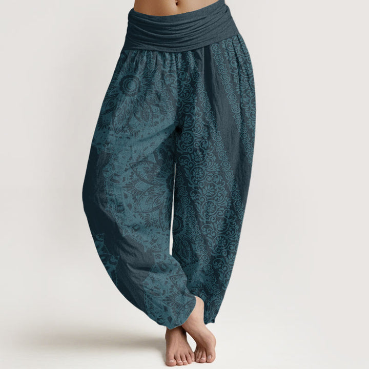 Buddha Stones Pure Cotton Mandala Pattern Parallel Flowers Women's Elastic Waist Harem Pants - DarkCyan - US22,UK/AU26,EU54 (6XL) - image 6