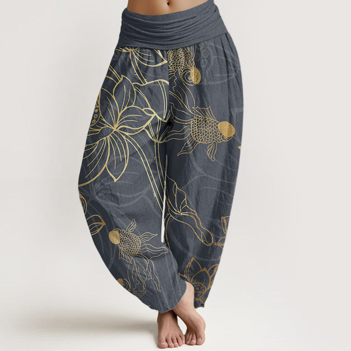 Buddha Stones Pure Cotton Lotus Leaf Koi Fish Women's Elastic Waist Harem Pants - DimGray - US22,UK/AU26,EU54 (6XL) - image 0