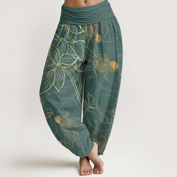 Buddha Stones Pure Cotton Lotus Leaf Koi Fish Women's Elastic Waist Harem Pants - DarkCyan - US22,UK/AU26,EU54 (6XL) - image 9