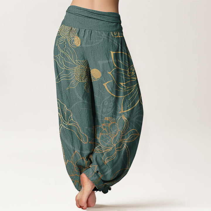 Buddha Stones Pure Cotton Lotus Leaf Koi Fish Women's Elastic Waist Harem Pants - image 10