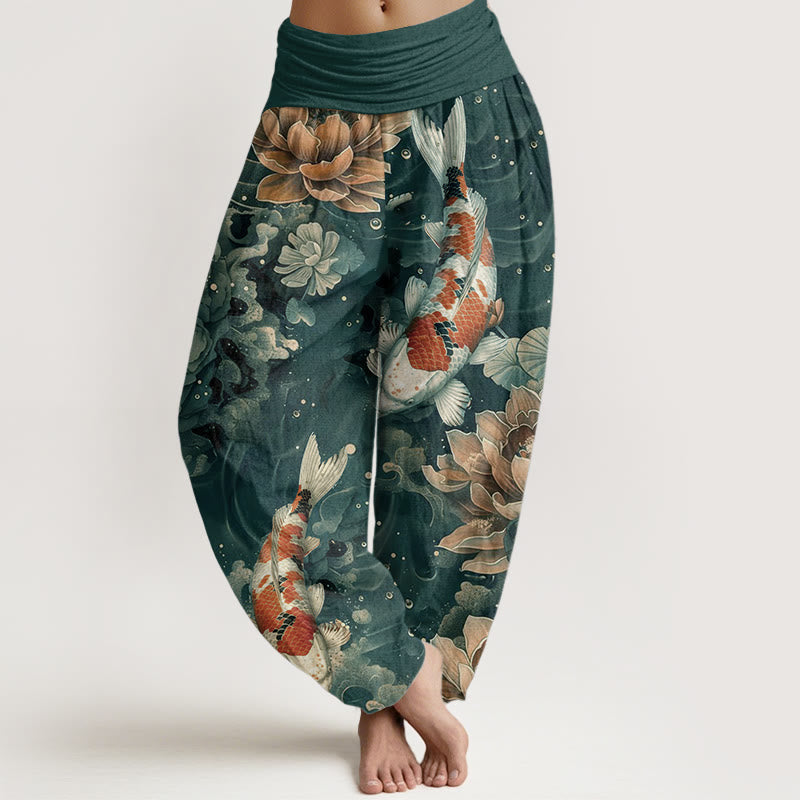 Buddha Stones Pure Cotton Colorful Koi Fish Lotus Flowers Design Women's Elastic Waist Harem Pants - LightSeaGreen - US22,UK/AU26,EU54 (6XL) - image 0