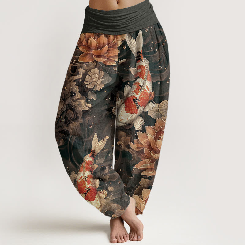 Buddha Stones Pure Cotton Colorful Koi Fish Lotus Flowers Design Women's Elastic Waist Harem Pants - Tan - US22,UK/AU26,EU54 (6XL) - image 6