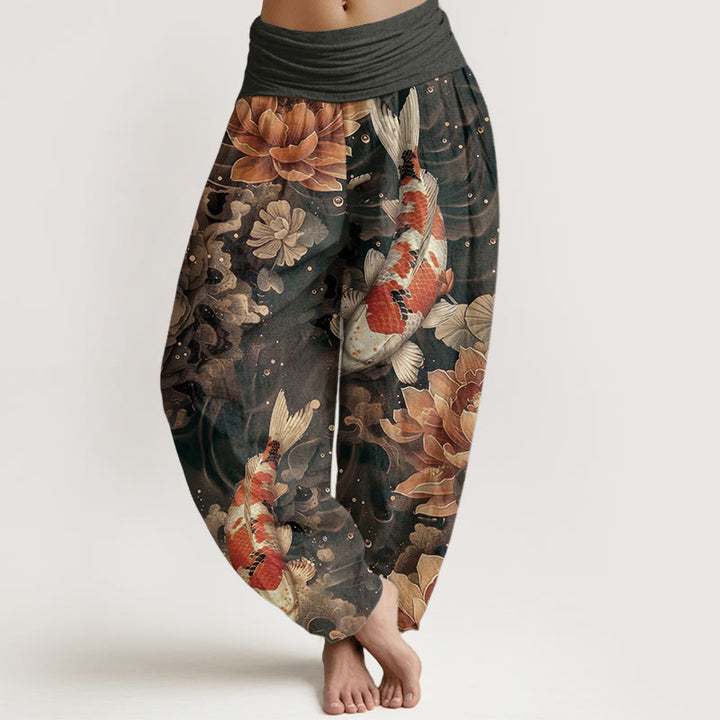 Buddha Stones Pure Cotton Colorful Koi Fish Lotus Flowers Design Women's Elastic Waist Harem Pants - Tan - US22,UK/AU26,EU54 (6XL) - image 6