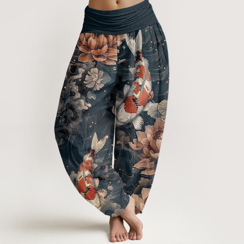 Buddha Stones Pure Cotton Colorful Koi Fish Lotus Flowers Design Women's Elastic Waist Harem Pants - SteelBlue - US22,UK/AU26,EU54 (6XL) - image 9