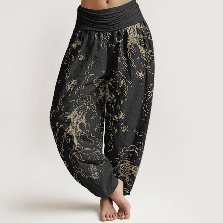 Buddha Stones Pure Cotton Casual Koi Fish Waves And Petal Line Pattern Women's Elastic Waist Harem Pants - Black - US22,UK/AU26,EU54 (6XL) - image 0