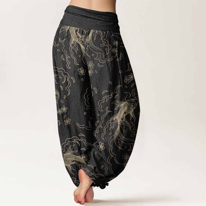 Buddha Stones Pure Cotton Casual Koi Fish Waves And Petal Line Pattern Women's Elastic Waist Harem Pants - image 1