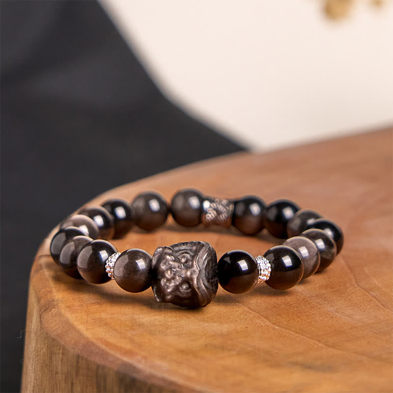 Buddha Stones Natural Silver Sheen Obsidian Lion Dance Protection Bracelet - Silver Sheen Obsidian -0.55in(Wrist Circumference: 8.3-8.7in - image 0