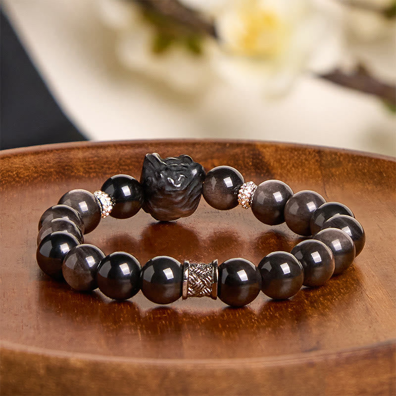 Buddha Stones Natural Silver Sheen Obsidian Lion Dance Protection Bracelet - image 3