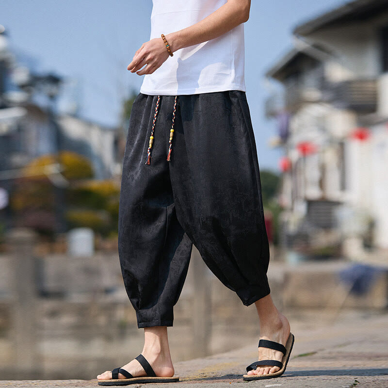 Buddha Stones Summer Character Embroidery Design Drawstring Men's 7-8 Length Pants With Pockets - Black - US/UK/AU46,EU56 (5XL) - image 0