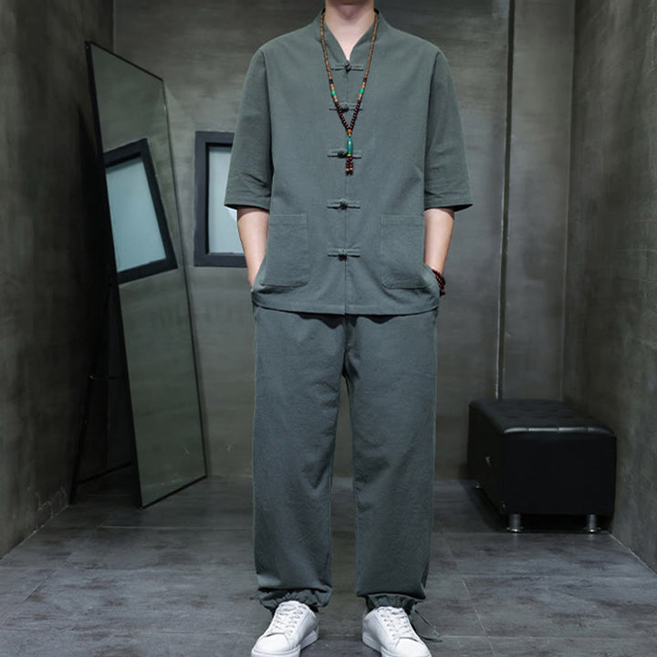 Buddha Stones 2Pcs Tang Suit Frog-Button Design Shirt Pants With Pockets Men's Cotton Linen Meditation Cloth Set - image 5