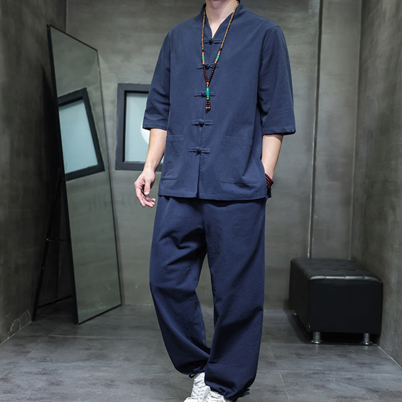 Buddha Stones 2Pcs Tang Suit Frog-Button Design Shirt Pants With Pockets Men's Cotton Linen Meditation Cloth Set - SteelBlue - US/UK/AU46,EU56 (5XL) - image 13