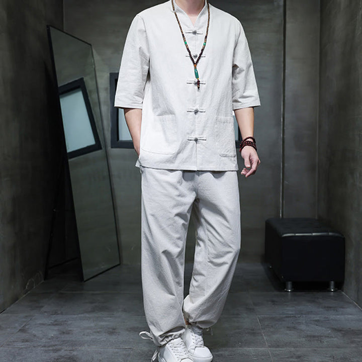 Buddha Stones 2Pcs Tang Suit Frog-Button Design Shirt Pants With Pockets Men's Cotton Linen Meditation Cloth Set - image 24