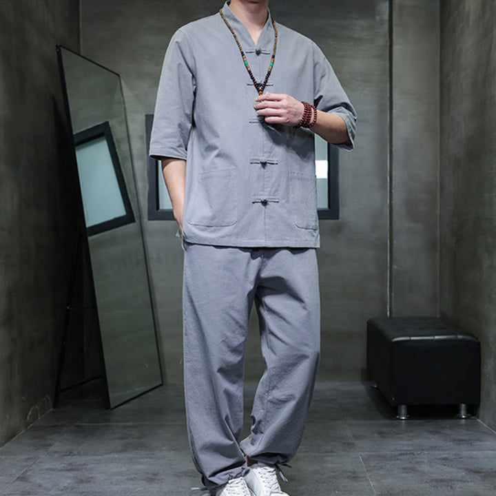 Buddha Stones 2Pcs Tang Suit Frog-Button Design Shirt Pants With Pockets Men's Cotton Linen Meditation Cloth Set - image 31