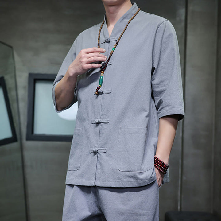 Buddha Stones 2Pcs Tang Suit Frog-Button Design Shirt Pants With Pockets Men's Cotton Linen Meditation Cloth Set - image 36