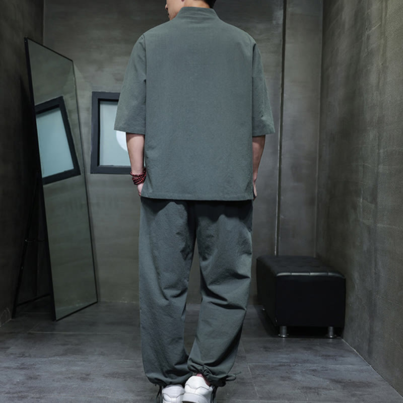 Buddha Stones 2Pcs Tang Suit Frog-Button Design Shirt Pants With Pockets Men's Cotton Linen Meditation Cloth Set - image 2