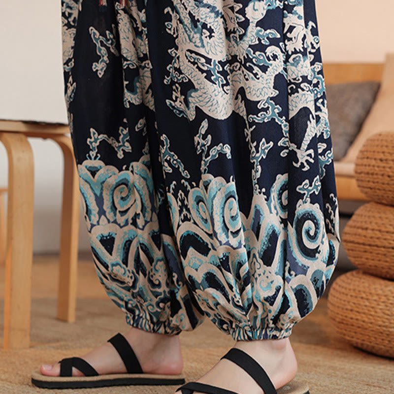 Buddha Stones Dragon Print Cotton Men's Harem Ankle-Length Pants With Pockets - image 9