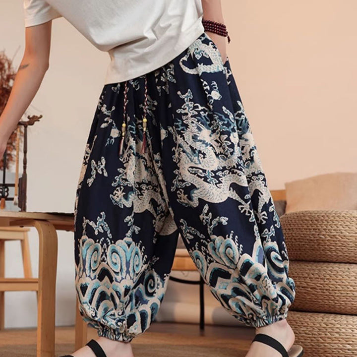 Buddha Stones Dragon Print Cotton Men's Harem Ankle-Length Pants With Pockets - image 5