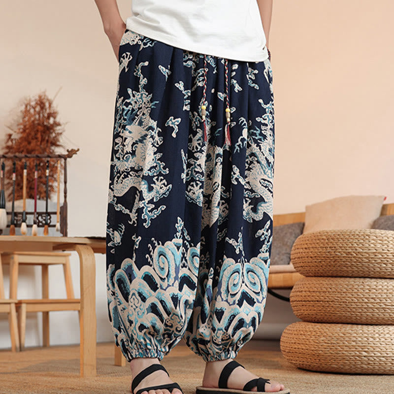 Buddha Stones Dragon Print Cotton Men's Harem Ankle-Length Pants With Pockets - image 2