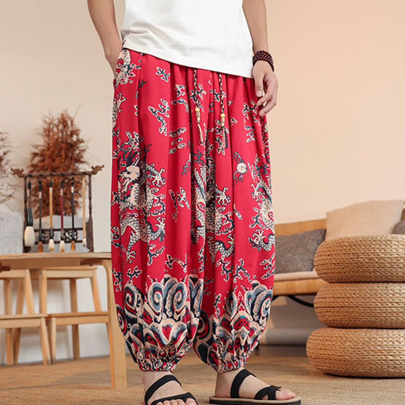 Buddha Stones Dragon Print Cotton Men's Harem Ankle-Length Pants With Pockets - image 14