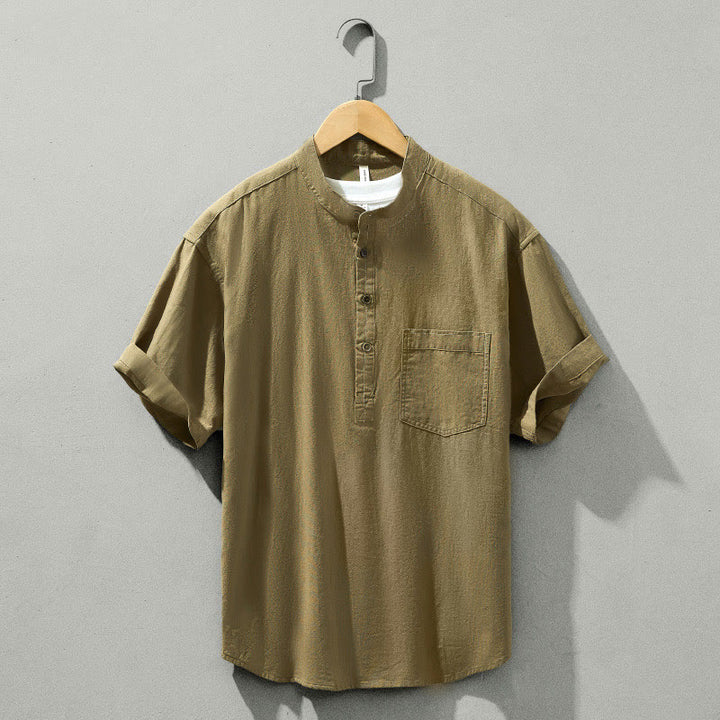 Buddha Stones Summer Solid Men's Half Button Short Sleeve Cotton Shirt - DarkKhaki - US/UK/AU42,EU52 (3XL) - image 27