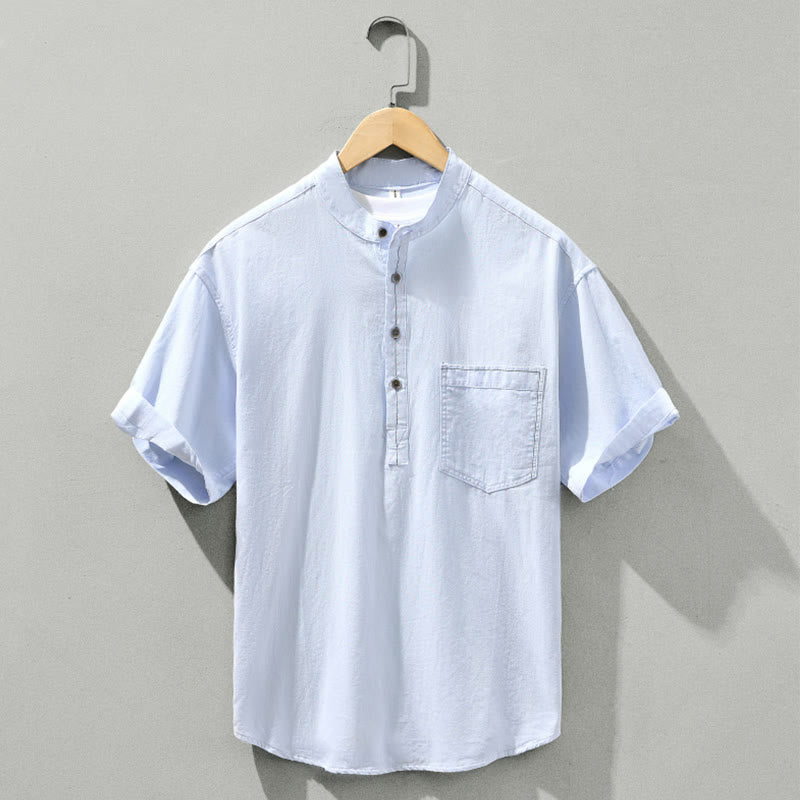 Buddha Stones Summer Solid Men's Half Button Short Sleeve Cotton Shirt - Azure - US/UK/AU42,EU52 (3XL) - image 0