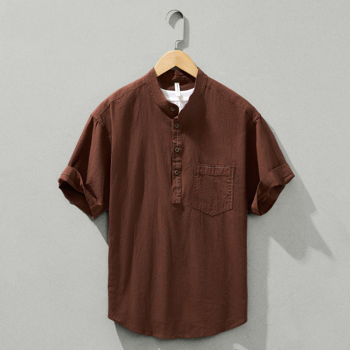 Buddha Stones Summer Solid Men's Half Button Short Sleeve Cotton Shirt - Sienna - US/UK/AU42,EU52 (3XL) - image 21