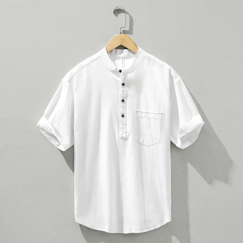 Buddha Stones Summer Solid Men's Half Button Short Sleeve Cotton Shirt - White - US/UK/AU42,EU52 (3XL) - image 15