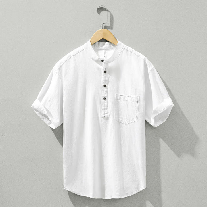 Buddha Stones Summer Solid Men's Half Button Short Sleeve Cotton Shirt - White - US/UK/AU42,EU52 (3XL) - image 15
